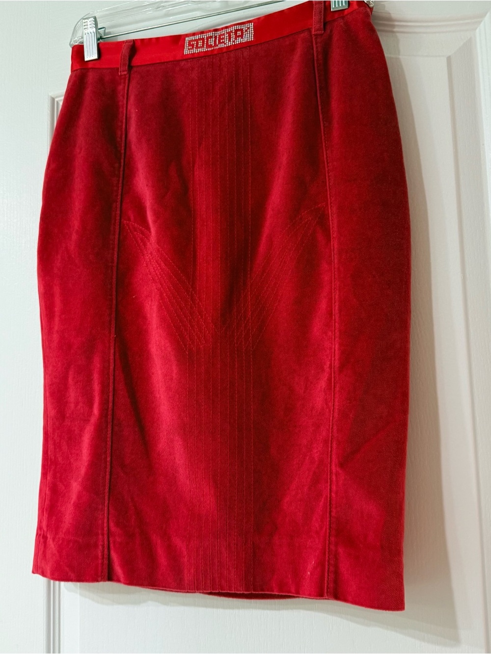 Societa Italy Red Velvet Pencil Skirt Rhinestone Logo Y2K Glam Size 38 XS